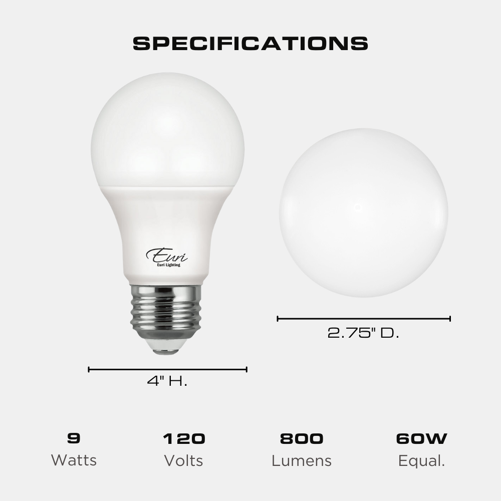 LED A19 Bulb, 9 Watt, 800 Lumen, 5000K, E26 Base, Damp Rated, 4 Pack