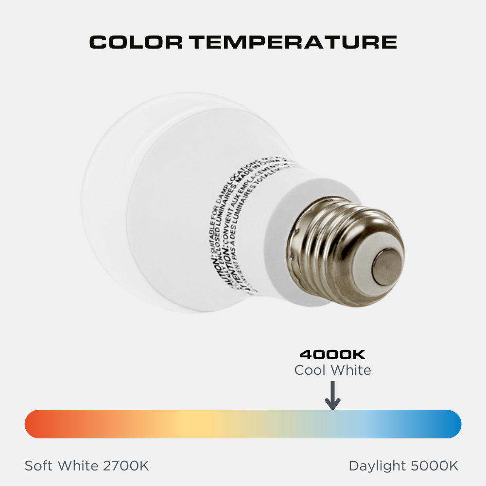 LED A19 Bulb, 9 Watt, 800 Lumen, 4000K, E26 Base, Damp Rated, 4 Pack