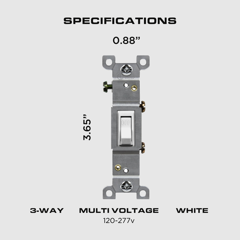 3-Way Toggle Switch, 15A, 120-277V, Residential Grade, White, 10 Pack