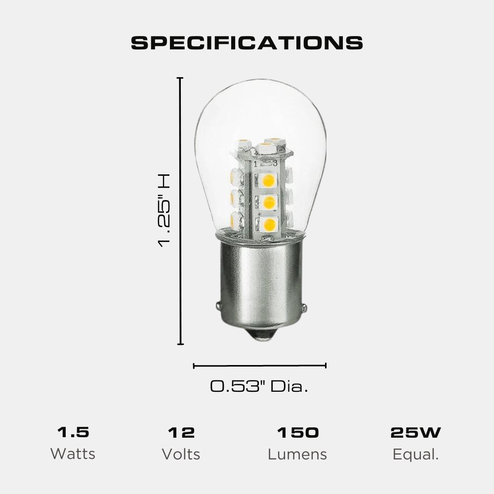 1156/1141/1003 1.5W LED S8 Bulb, Low Voltage 12V, Single Contact, BA15S Base, 3000K