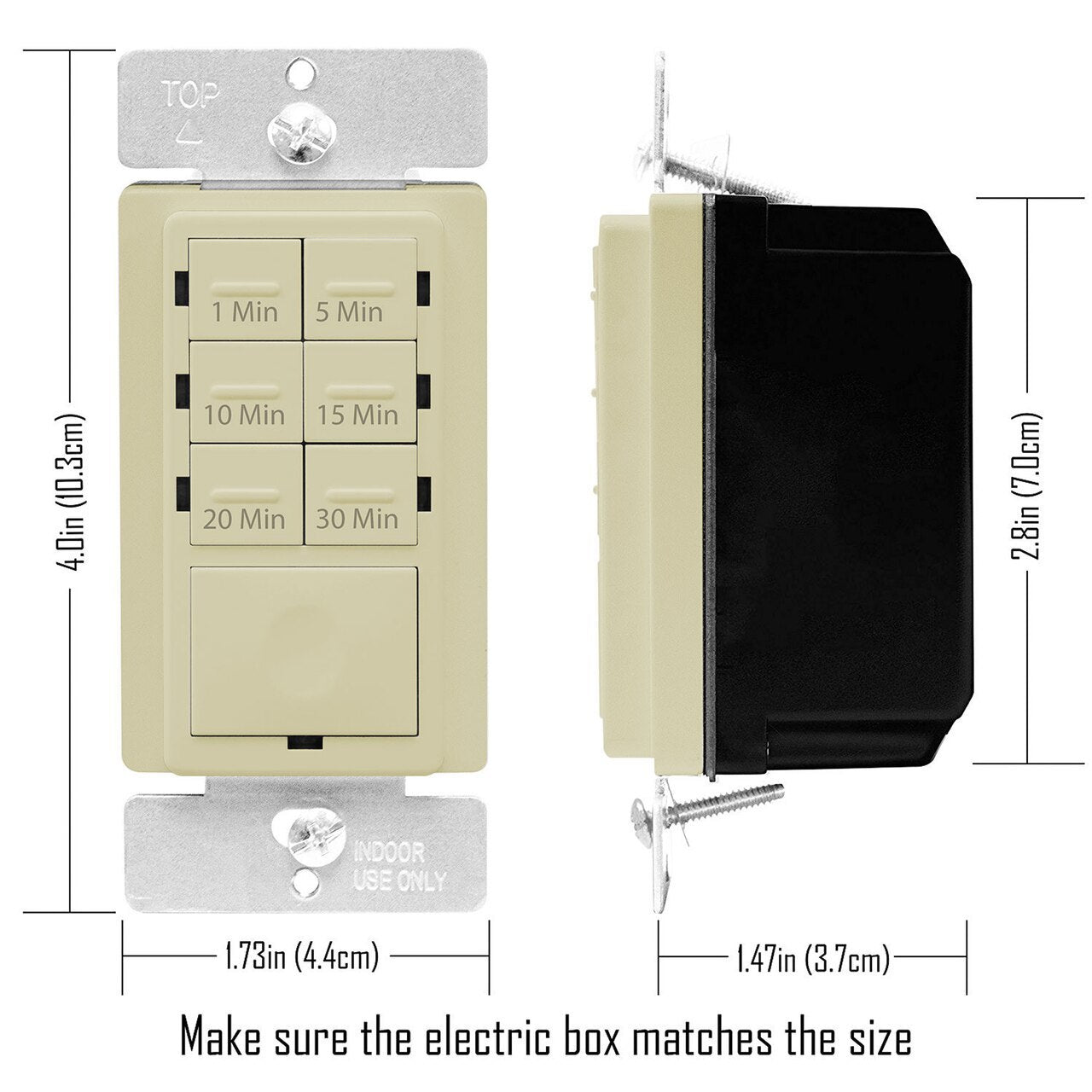 Countdown Timer Switch for bathroom fans and household lights, 1-5-10-15-20-30 Min Settings with Manual Override, Always On Blue LED, Neutral Wire Required, Ivory Four Bros Lighting