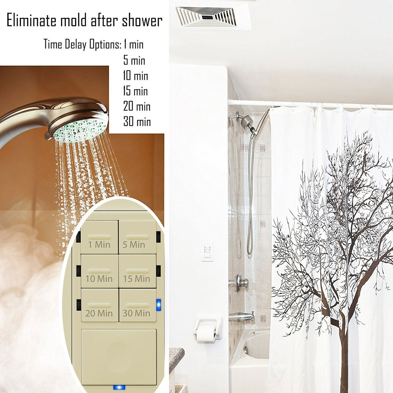 Countdown Timer Switch for bathroom fans and household lights, 1-5-10-15-20-30 Min Settings with Manual Override, Always On Blue LED, Neutral Wire Required, Ivory Four Bros Lighting