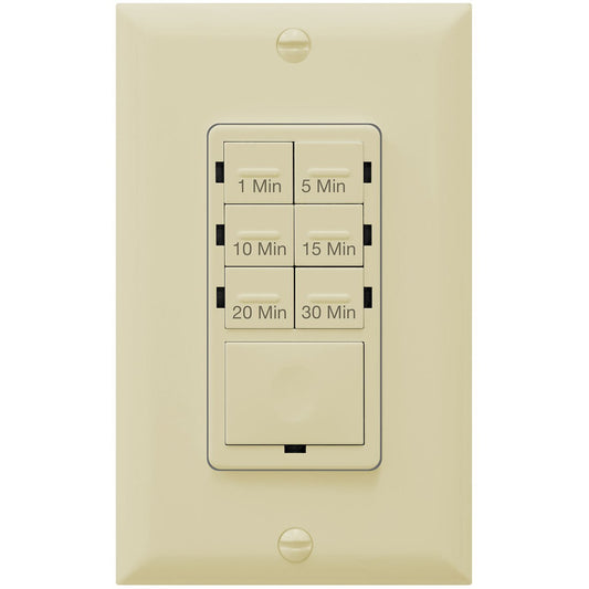 Countdown Timer Switch for bathroom fans and household lights, 1-5-10-15-20-30 Min Settings with Manual Override, Always On Blue LED, Neutral Wire Required, Ivory Four Bros Lighting