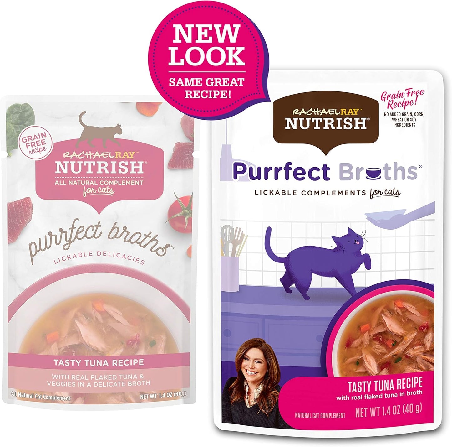 Rachael Ray Nutrish Purrfect Broths All Natural Grain-Free Tasty Tuna Recipe Cat Food Topper / 24 Pouches