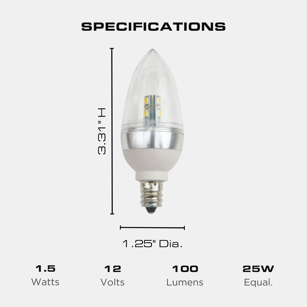 LED Chandelier Bulb - 1.5W - Candelabra Base - Low Voltage - 12V - 3000K