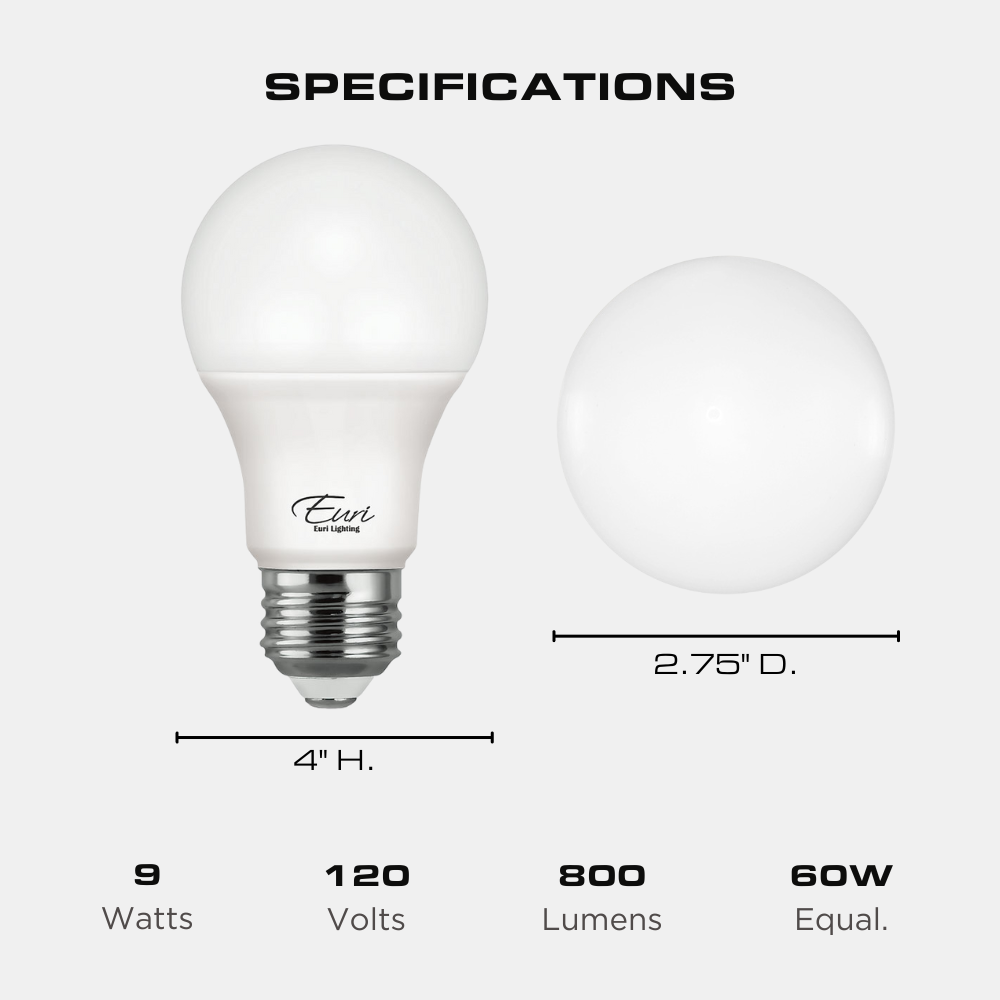 LED A19 Bulb, 9 Watt, 800 Lumen, 4000K, E26 Base, Damp Rated, 4 Pack