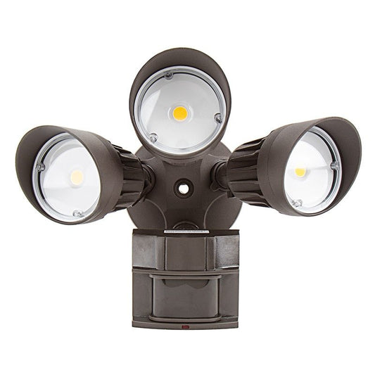 30W - Triple Head - LED Motion Sensor Security Light - Bronze- 5000K Four Bros Lighting