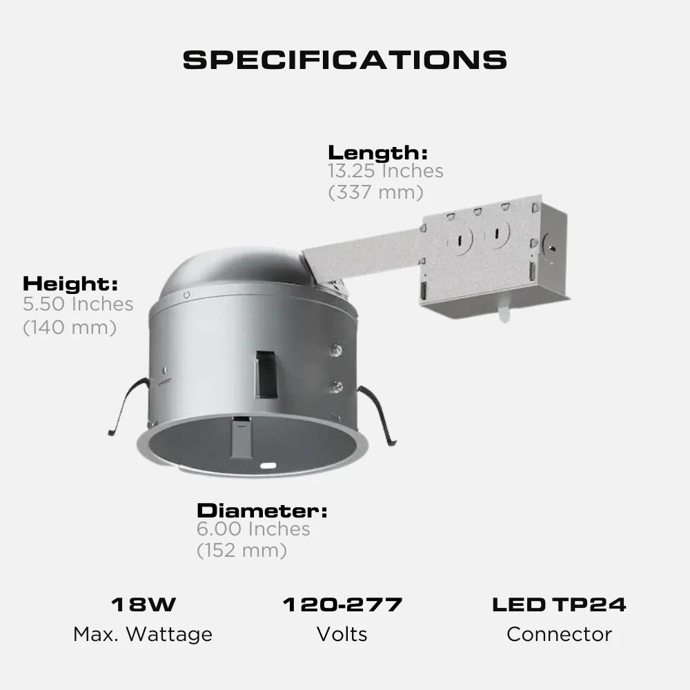 6 Inch Shallow Remodel LED Recessed Housing, IC Rated, Airtight, 6 Pack