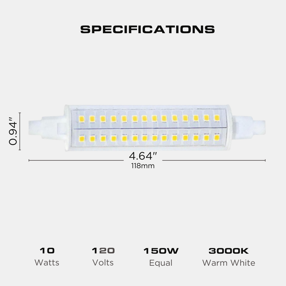 10 WATT LED J118 DIMMABLE T3 LAMP, R7S BASE, 120V, 3000K Four Bros Lighting