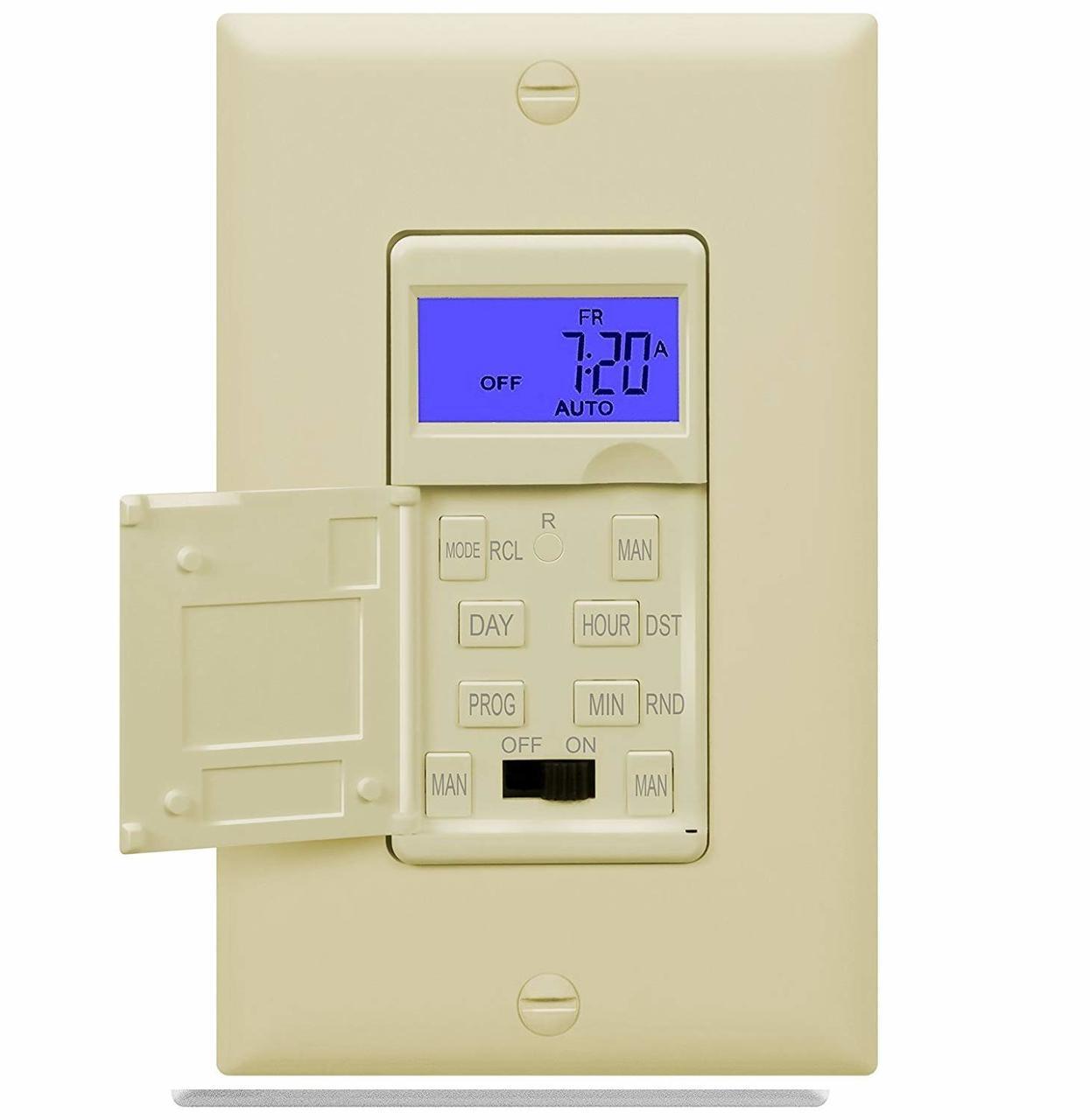 7 Days Digital in-Wall Programmable Timer Switch for Lights, Fans, and Motors, Single Pole, Neutral Wire Required, 7-Day 18 ON/Off Timer Settings, with Blue Backlight, Ivory Four Bros Lighting