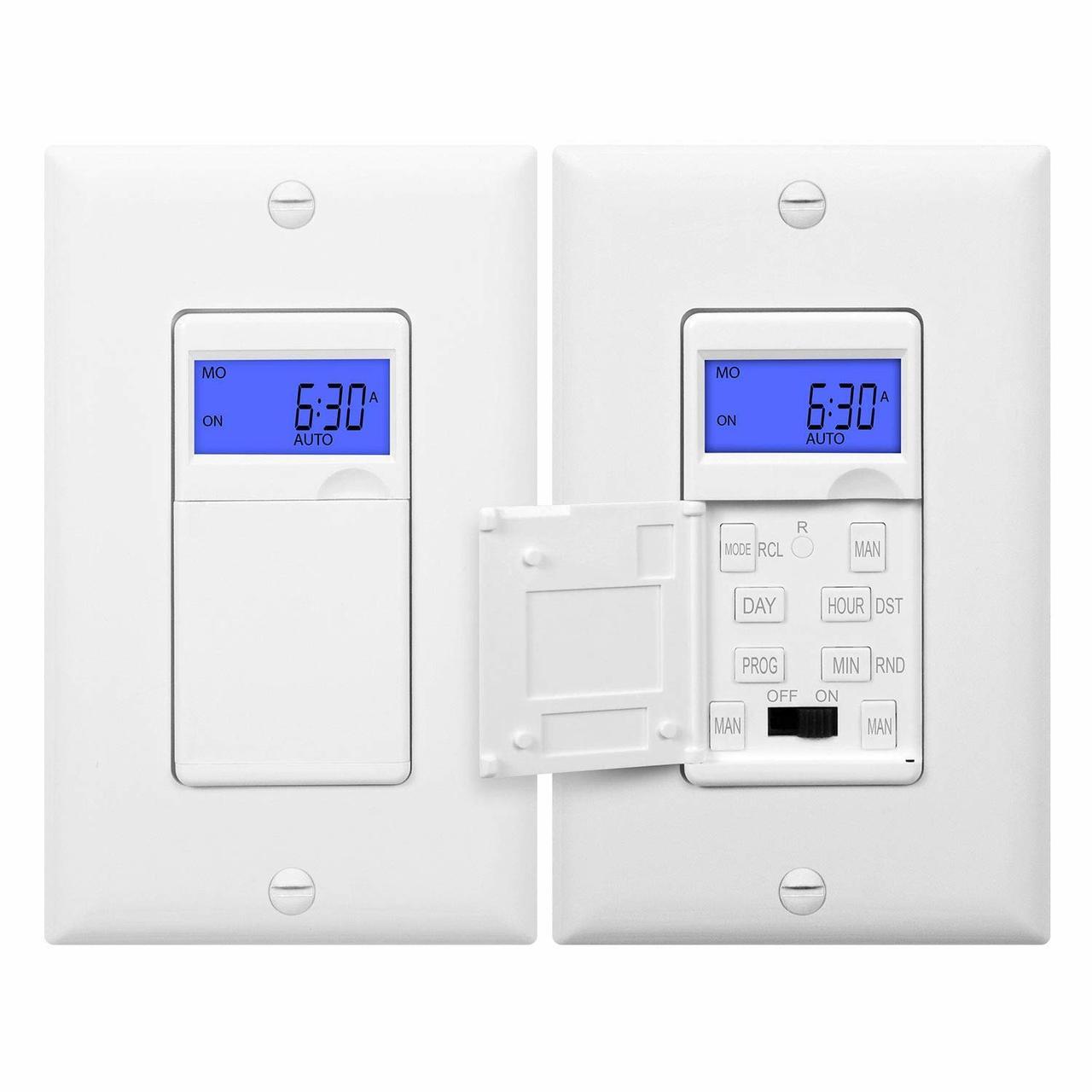 7 Days Digital in-Wall Programmable Timer Switch for Lights, Fans, and Motors, Single Pole, Neutral Wire Required, 7-Day 18 ON/Off Timer Settings, with Blue Backlight, White Four Bros Lighting