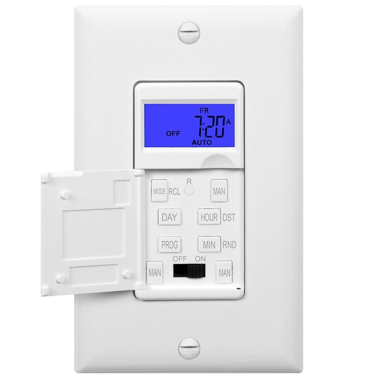 7 Days Digital in-Wall Programmable Timer Switch for Lights, Fans, and Motors, Single Pole, Neutral Wire Required, 7-Day 18 ON/Off Timer Settings, with Blue Backlight, White Four Bros Lighting