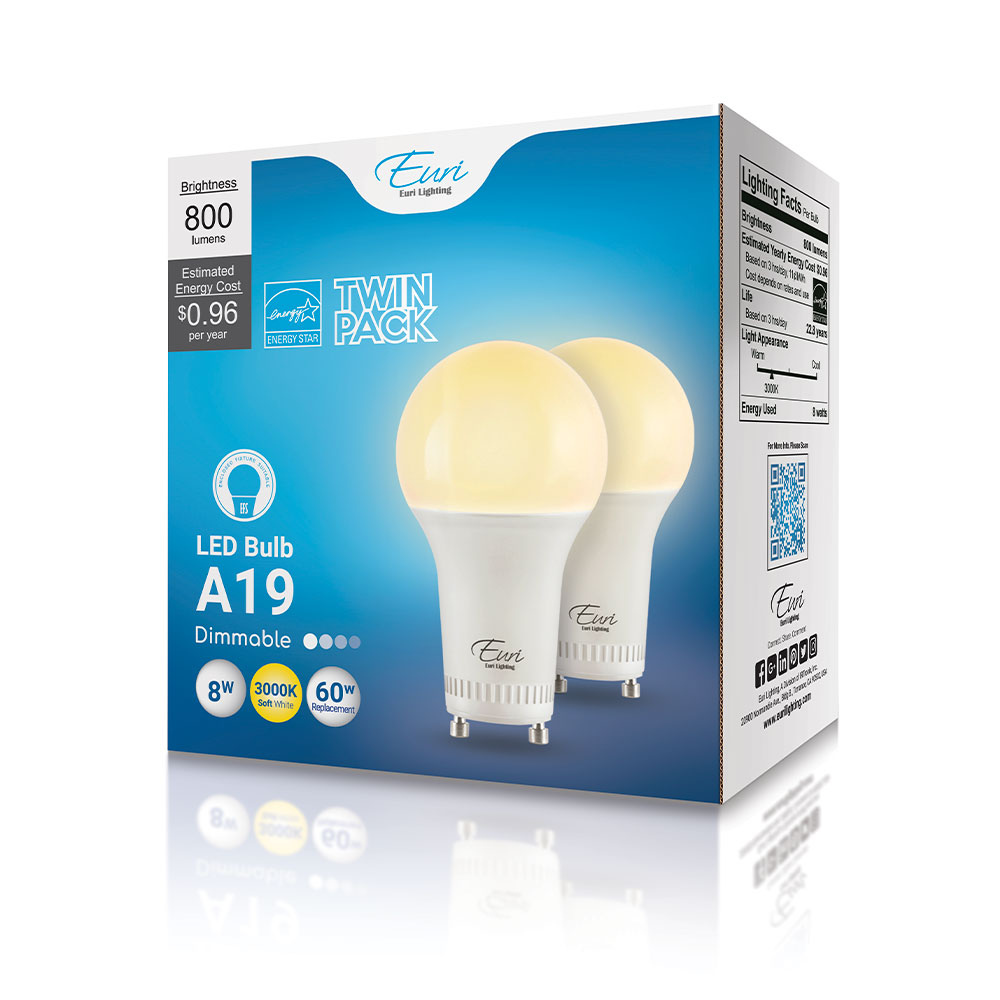 LED GU24 A19 Bulb, 8 Watt, 800 Lumen, 3000K, Dimmable, Damp Rated, 2 Pack