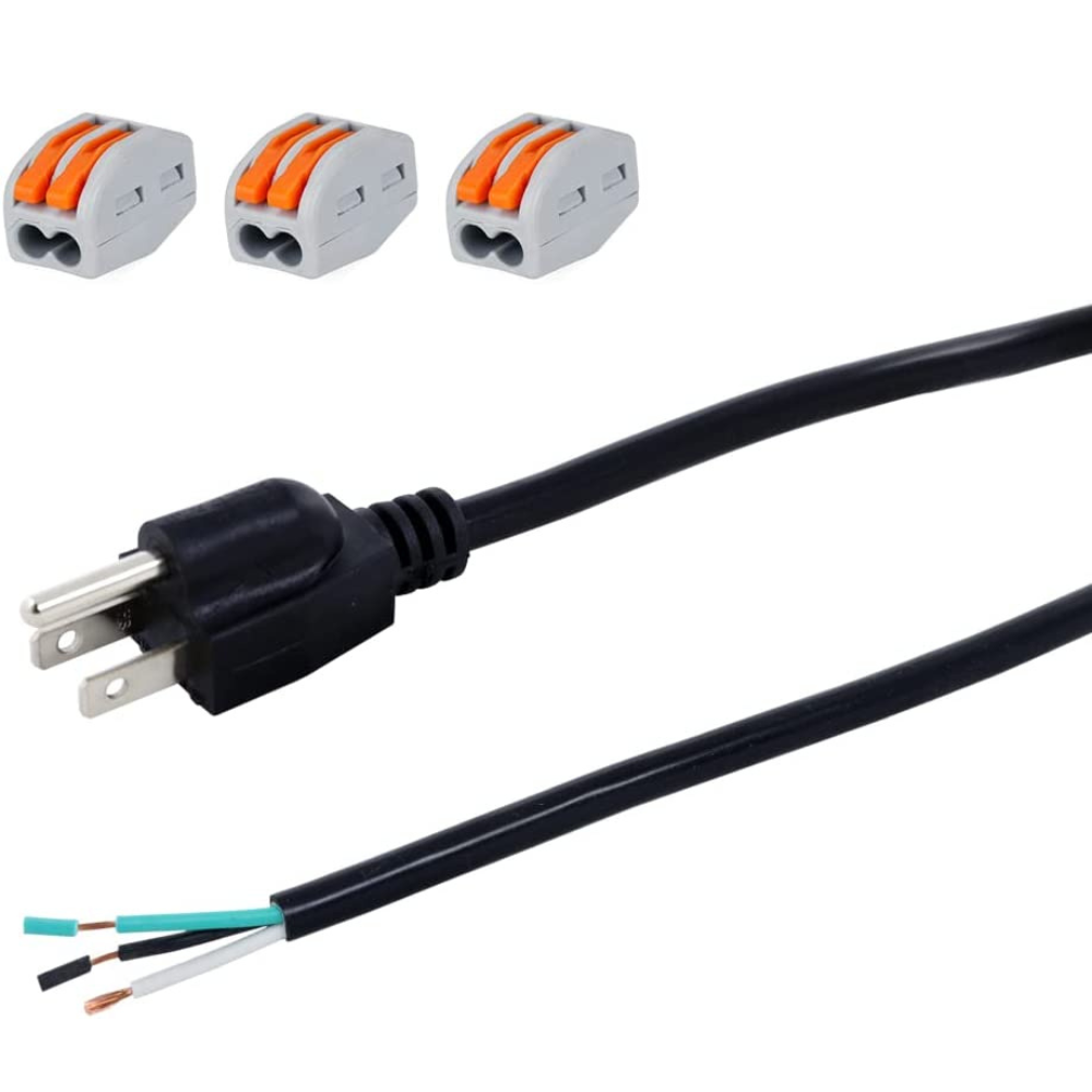 12' 18AWG Power Cord Pigtail 3 Prong Open Wiring End Heavy Duty, NEMA 5-15P Male Plug, Power Cable 10A, 1200W at 120VAC