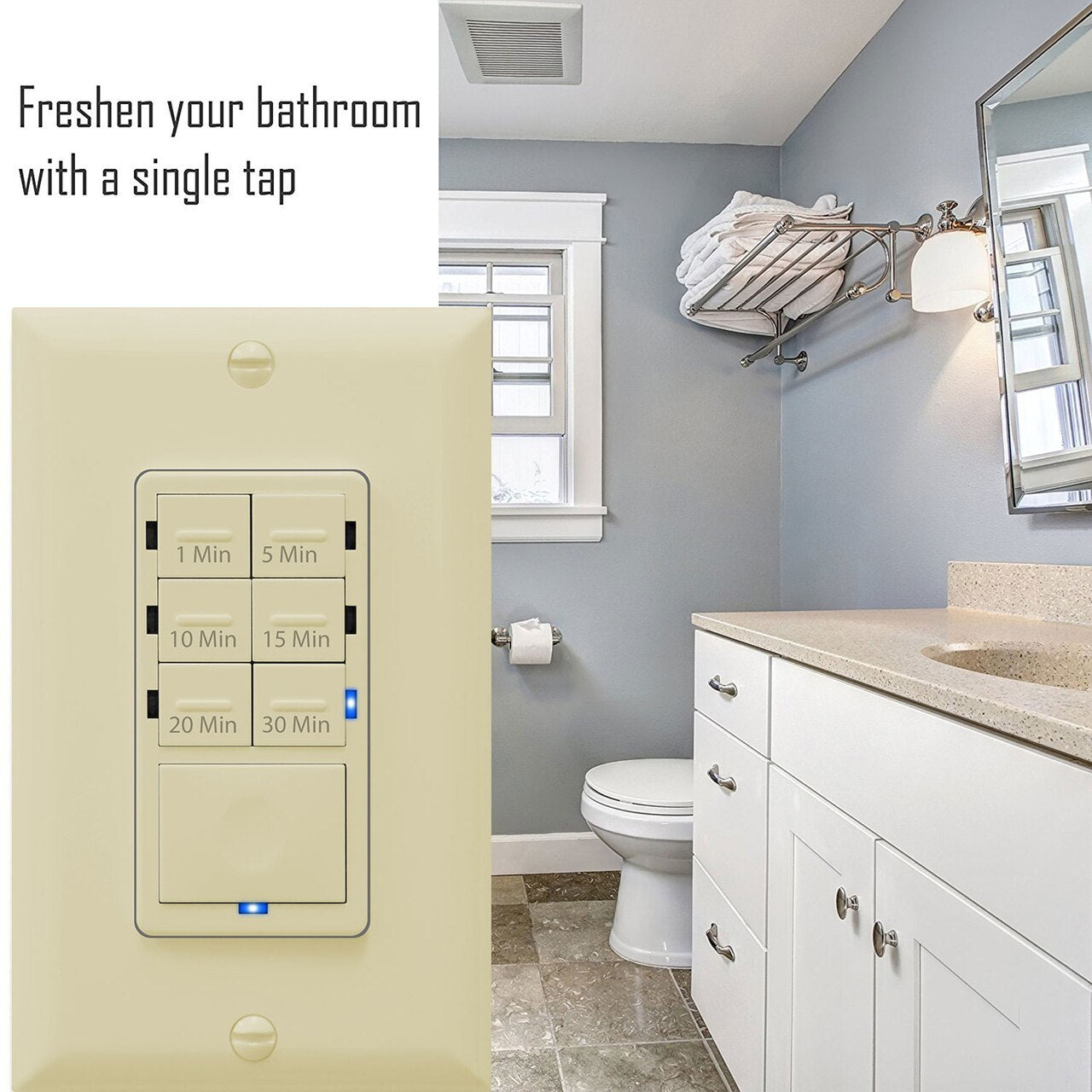Countdown Timer Switch for bathroom fans and household lights, 1-5-10-15-20-30 Min Settings with Manual Override, Always On Blue LED, Neutral Wire Required, Ivory Four Bros Lighting